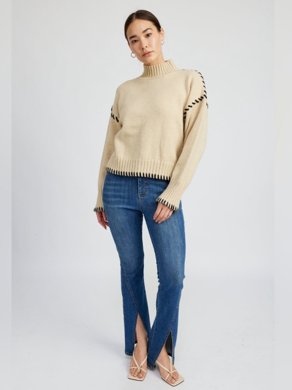 En Saison Merril Whip Stitch Tan Black Mock Neck Oversized Sweater Size M